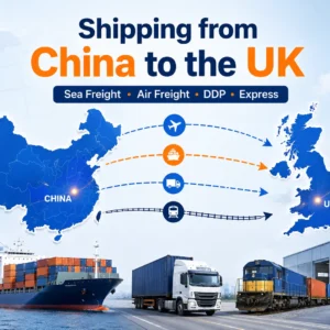 Shipping from China to the UK by sea freight, air freight, DDP and express delivery, showing China and UK maps with cargo ship, truck, rail and air routes.