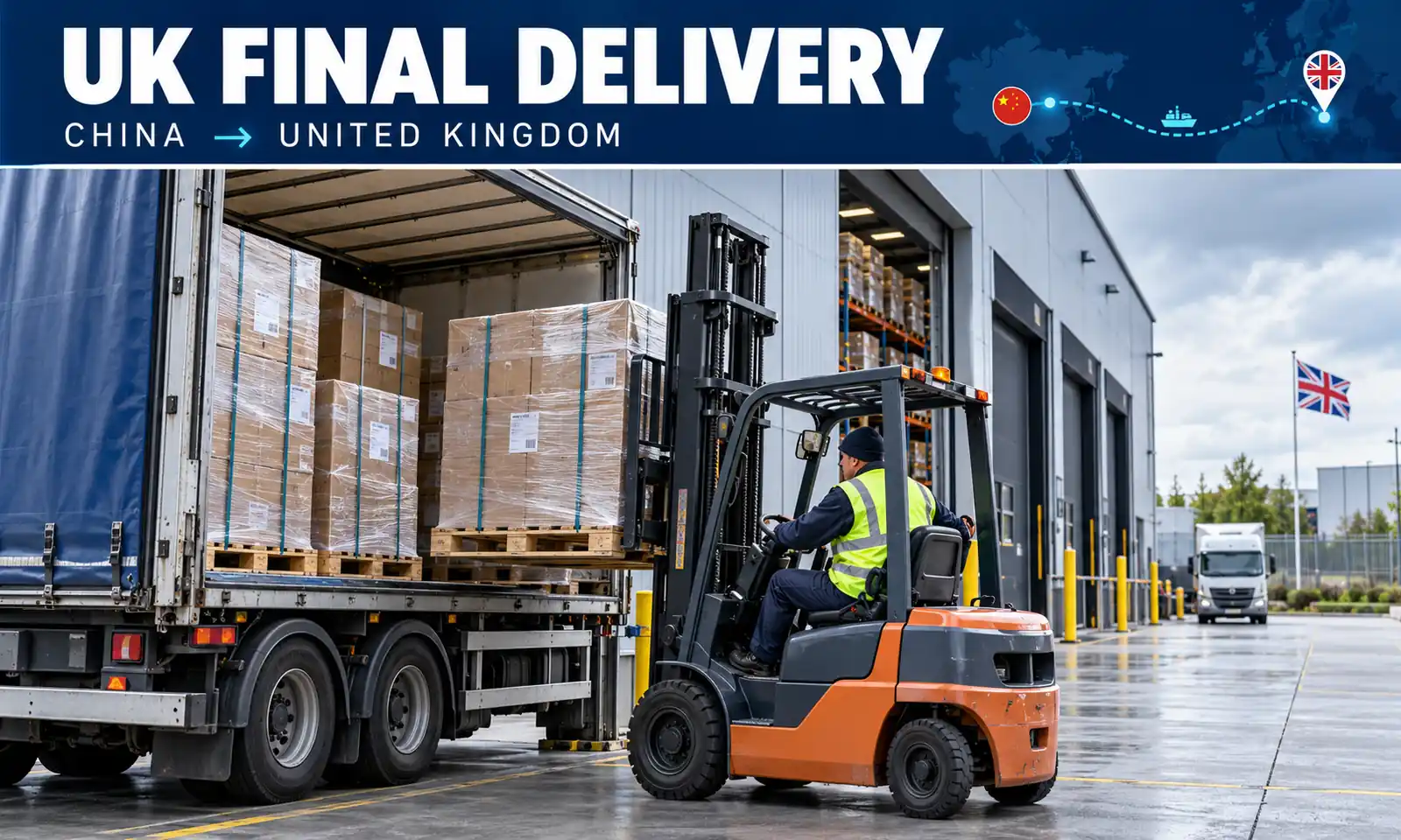 UK final delivery for freight shipped from China Palletised freight from China being unloaded at a UK warehouse