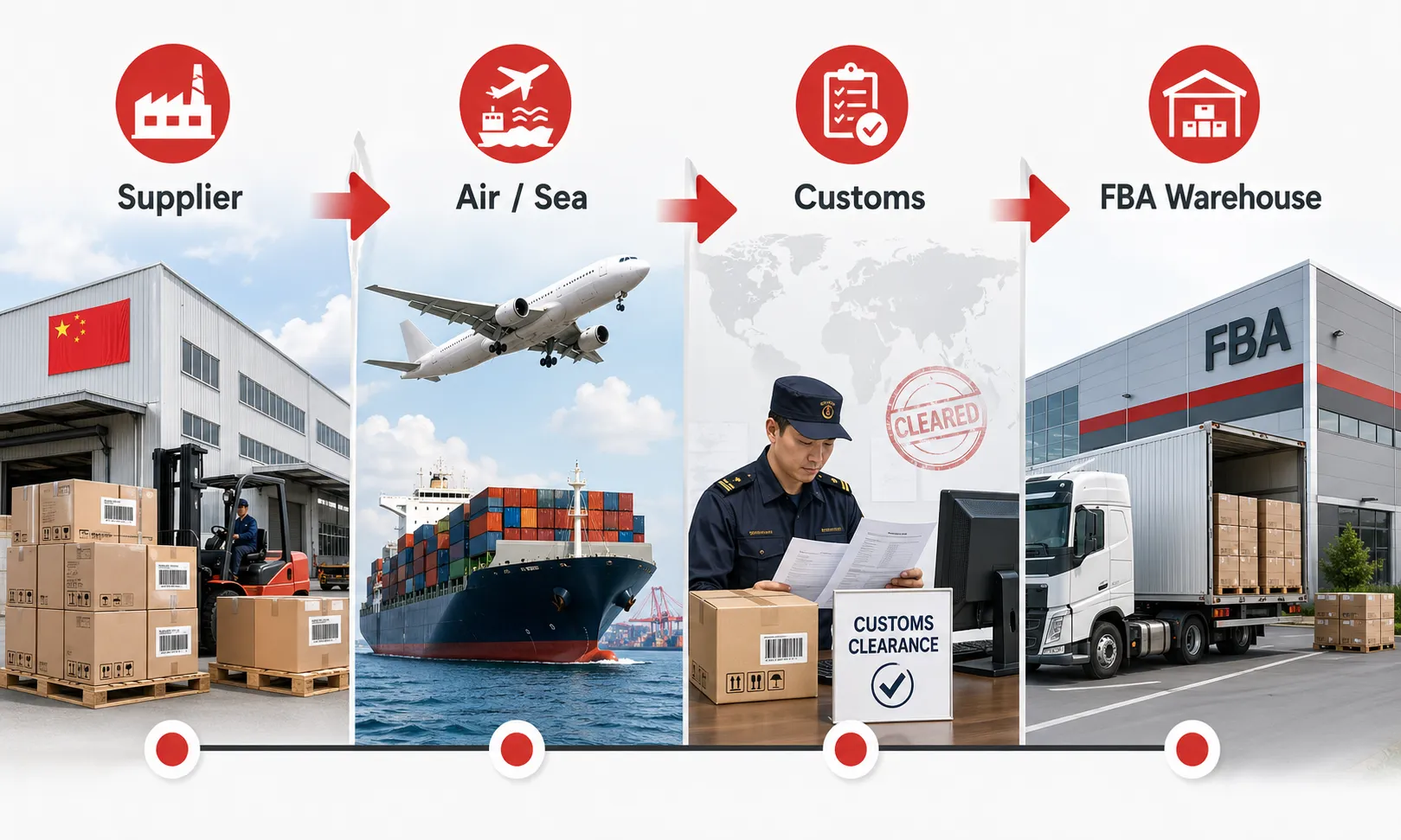 China to Amazon FBA shipping process showing supplier pickup, air or sea freight, customs clearance and final delivery to FBA warehouse