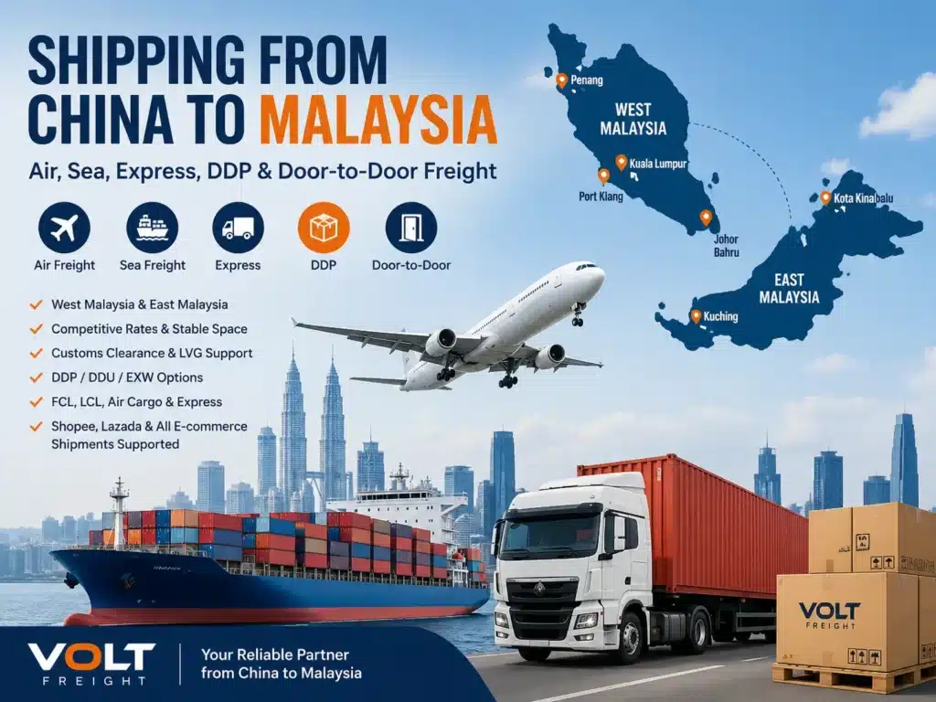 China to Malaysia freight shipping service by air, sea, express courier, DDP and door-to-door delivery, covering Kuala Lumpur, Selangor, Port Klang, Penang, Johor Bahru, Sabah and Sarawak.