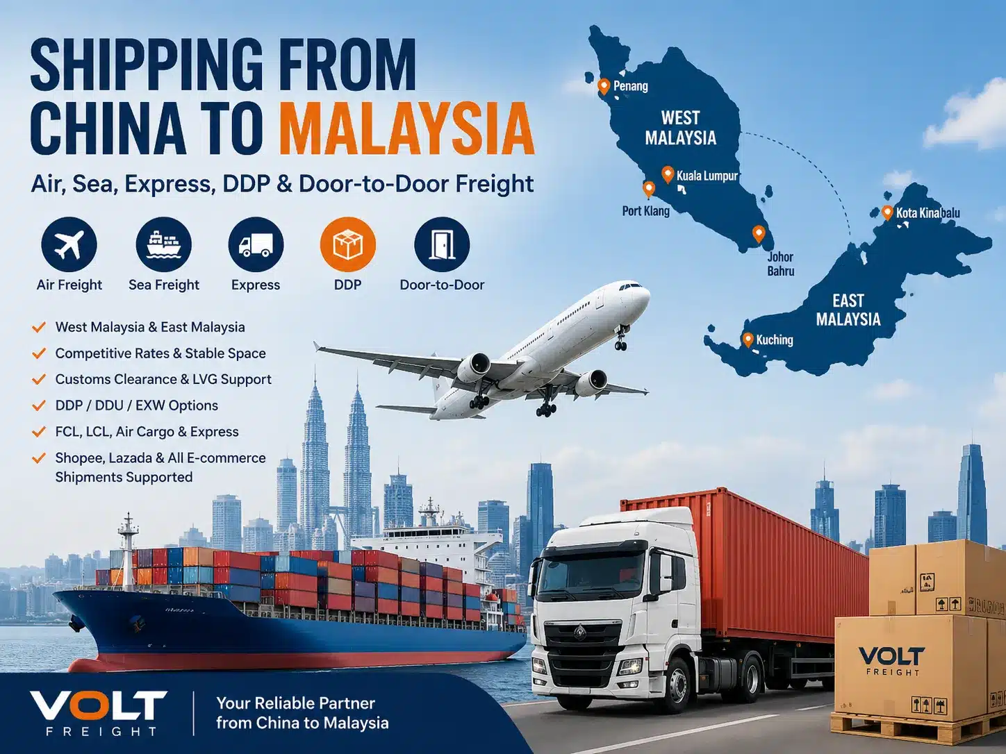 China to Malaysia freight shipping service by air, sea, express courier, DDP and door-to-door delivery, covering Kuala Lumpur, Selangor, Port Klang, Penang, Johor Bahru, Sabah and Sarawak.