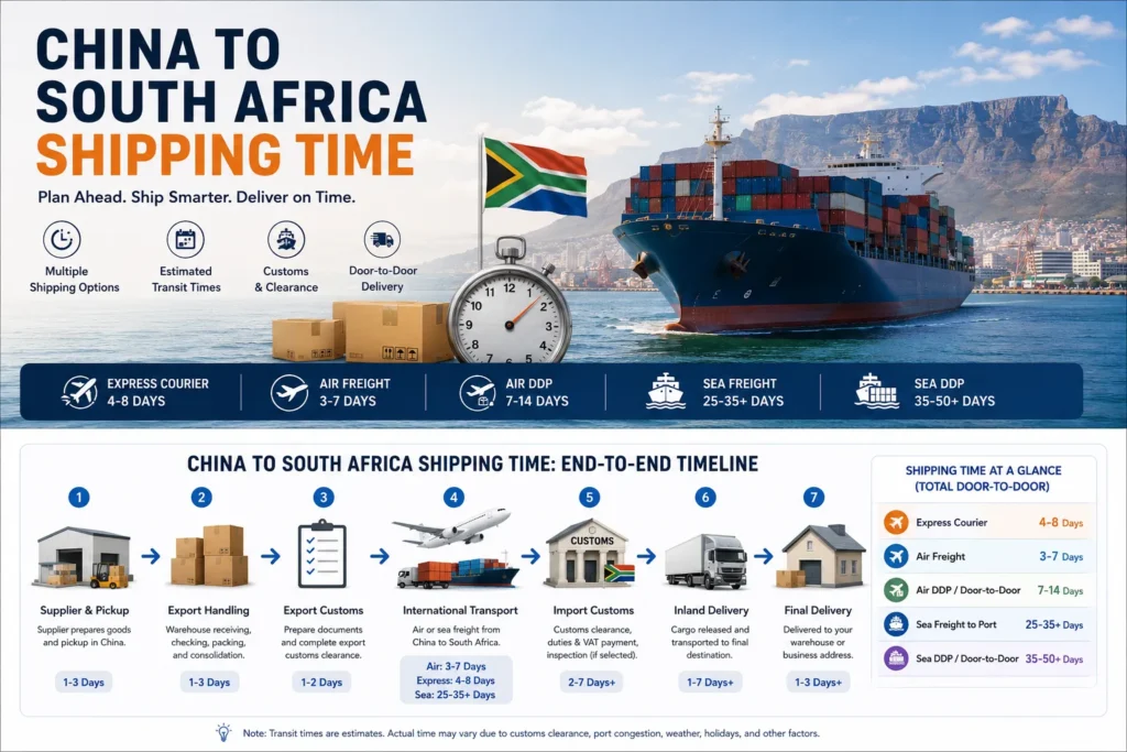 China to South Africa shipping time timeline showing supplier pickup, export handling, customs clearance, international transport, inland delivery and final delivery