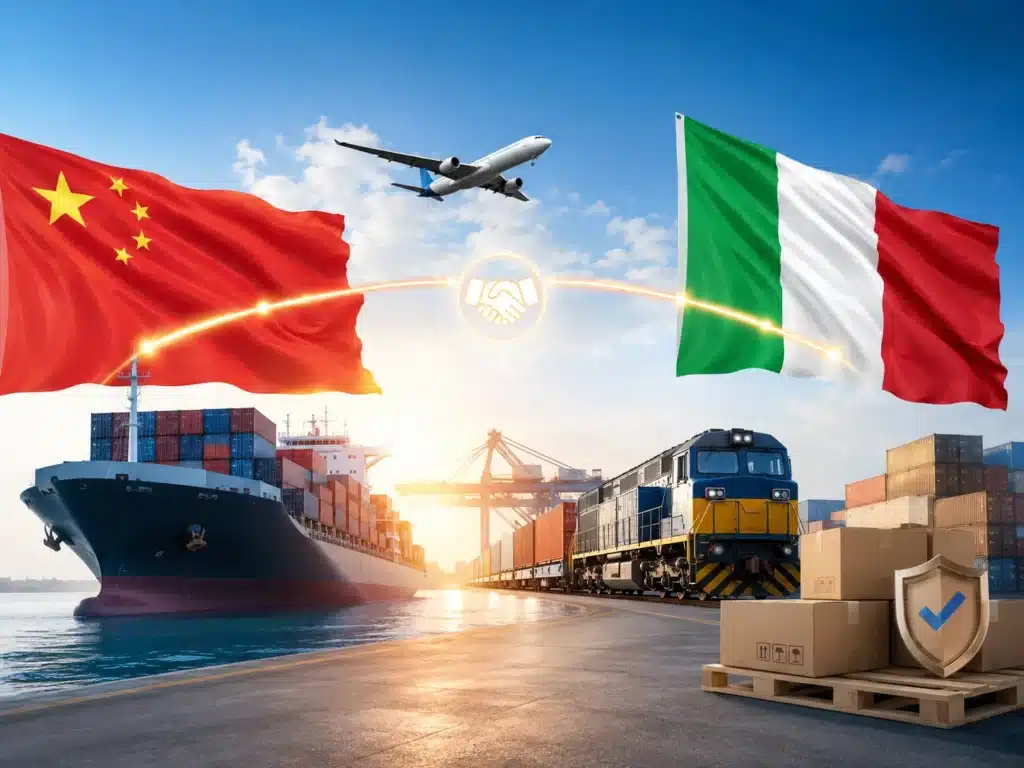 Shipping from China to Italy by sea freight, air freight, rail freight and DDP delivery, featuring China and Italy flags, cargo ship, airplane, train, containers and EU logistics route.