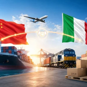 Shipping from China to Italy by sea freight, air freight, rail freight and DDP delivery, featuring China and Italy flags, cargo ship, airplane, train, containers and EU logistics route.