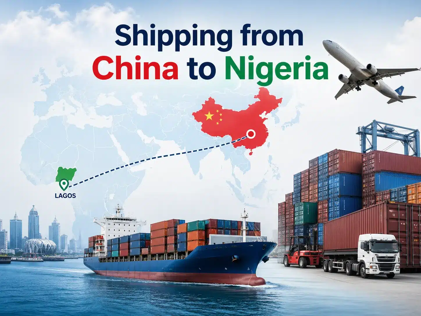 Shipping from China to Nigeria by sea freight, air freight, express and DDP door-to-door logistics service to Lagos and other Nigerian cities.
