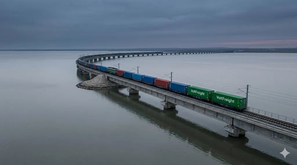 China Europe rail freight train crossing bridge