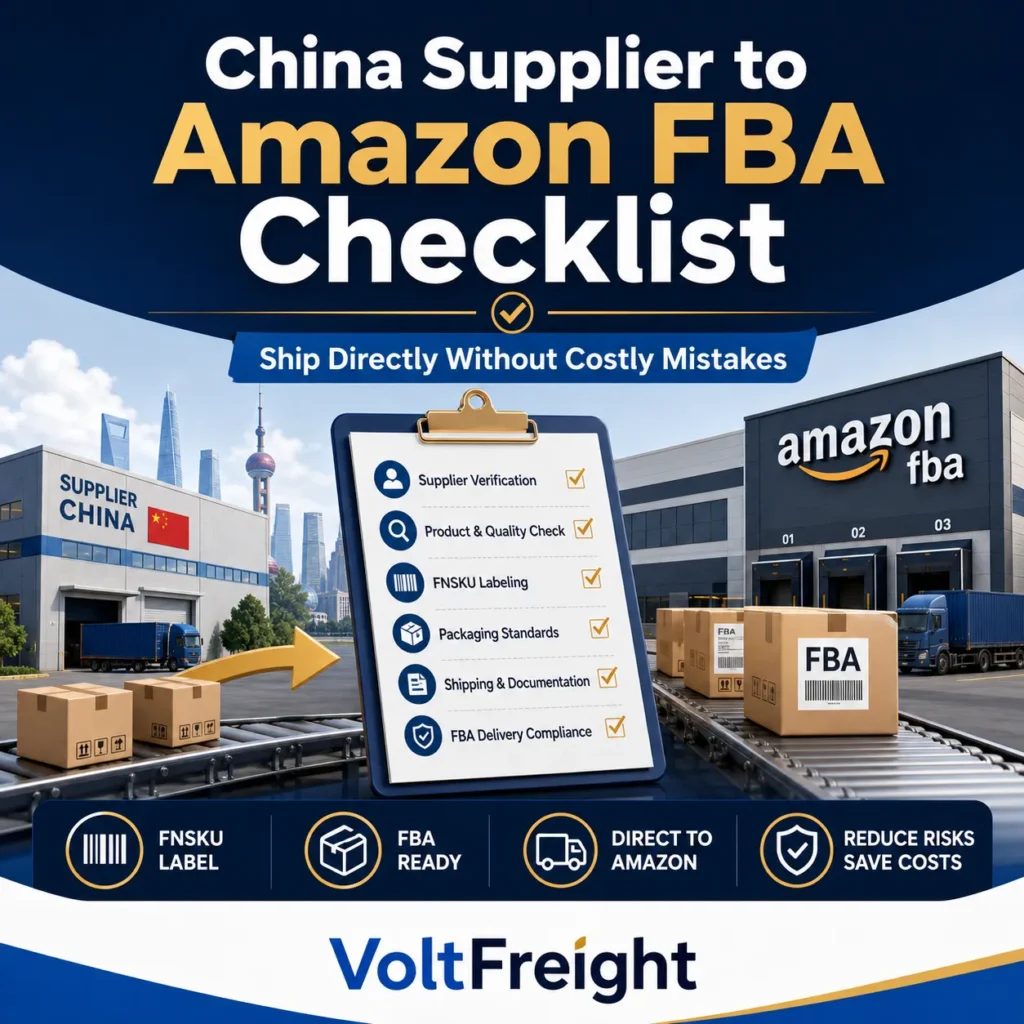 China supplier to Amazon FBA checklist showing FNSKU labels, FBA-ready cartons, direct shipping from China, and Amazon FBA delivery risk reduction