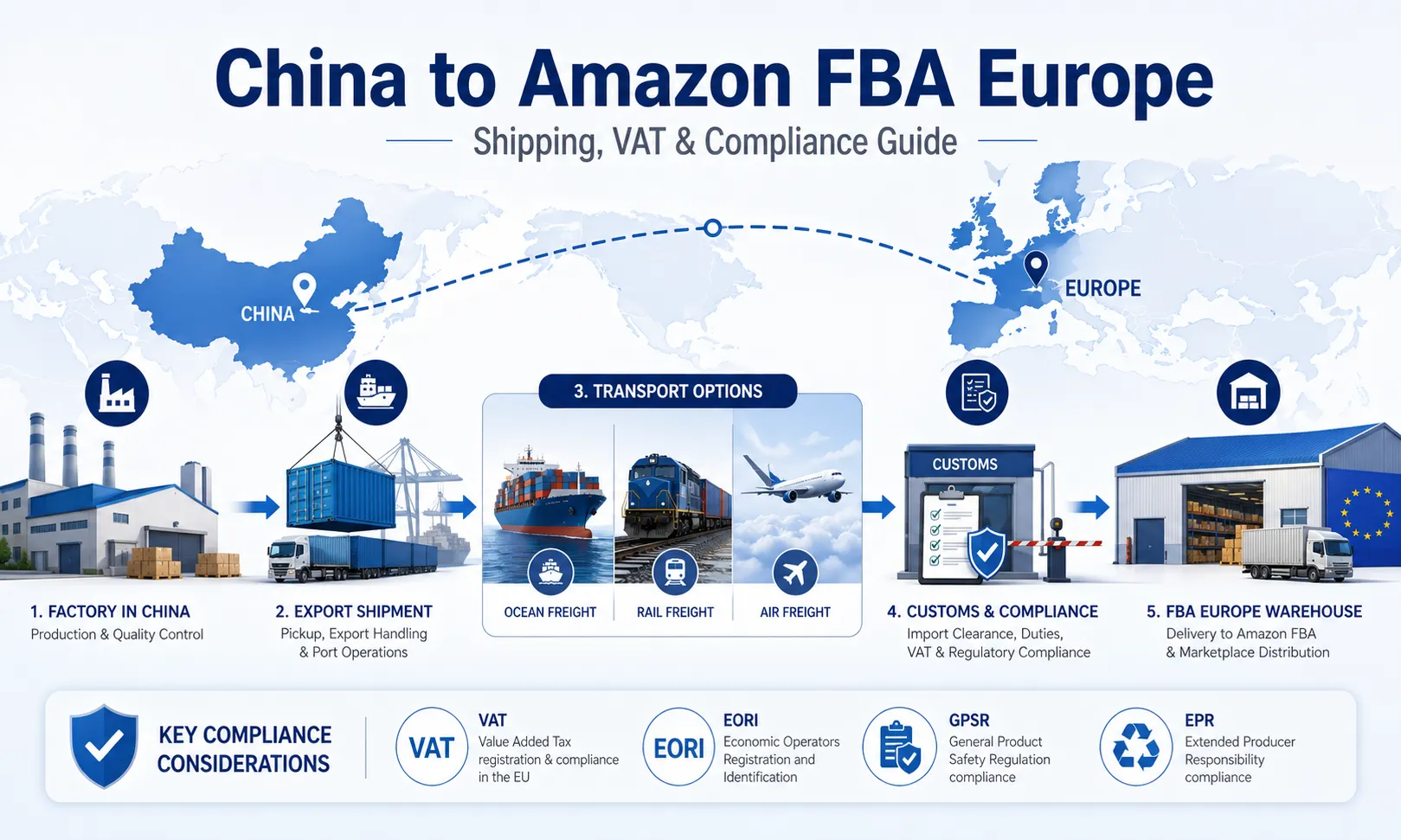 China to Amazon FBA Europe Shipping Workflow and Compliance Guide China to Amazon FBA Europe shipping workflow with VAT EORI GPSR and EPR