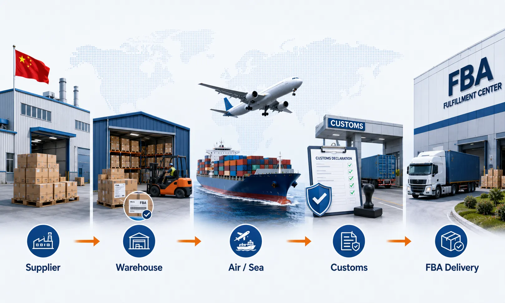 Shipping from China to Amazon FBA process covering supplier pickup, consolidation, air or sea freight, customs clearance and final fulfillment center delivery