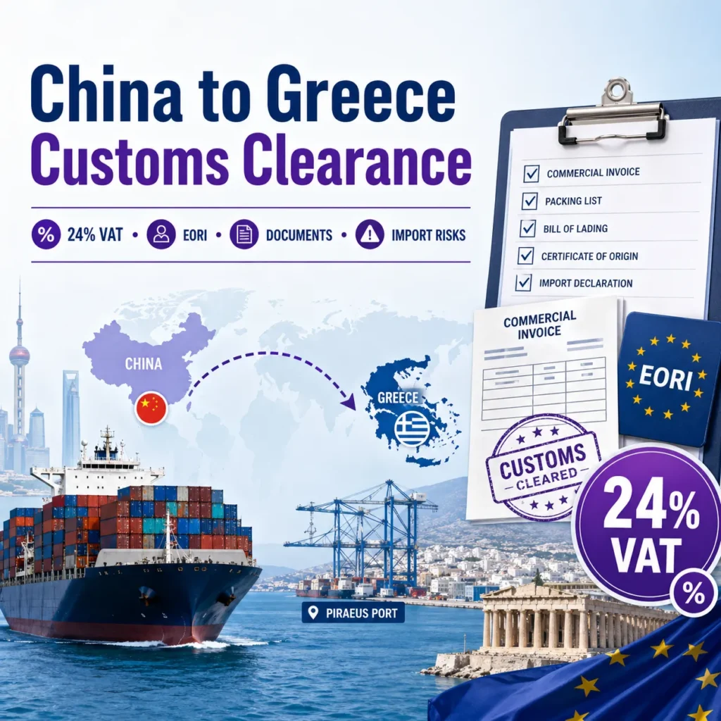 China to Greece customs clearance guide with 24 percent VAT EORI documents and import risk