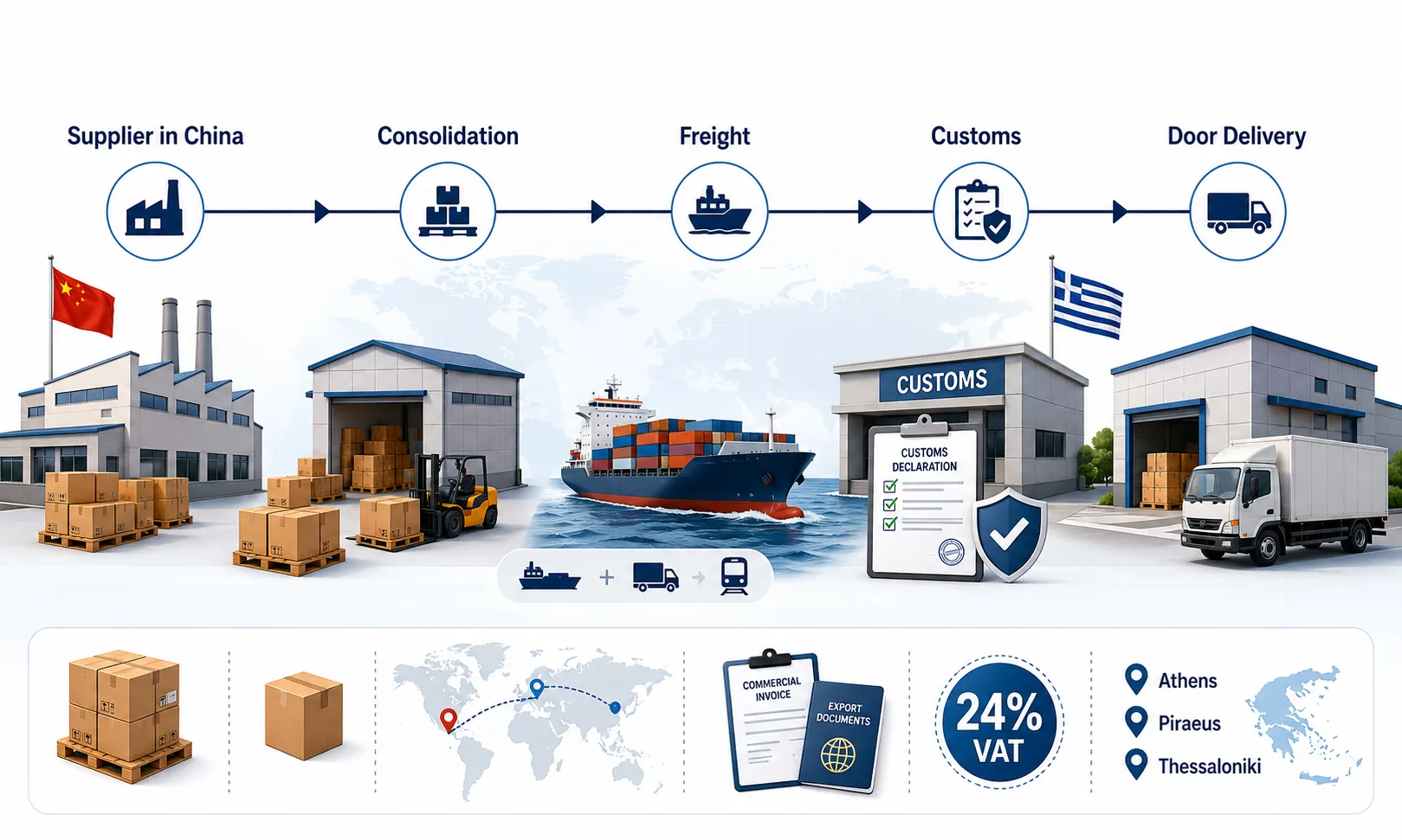China to Greece DDP Shipping Process – Supplier, Freight, Customs and Door Delivery DDP shipping process from China to Greece including supplier consolidation freight customs and door delivery
