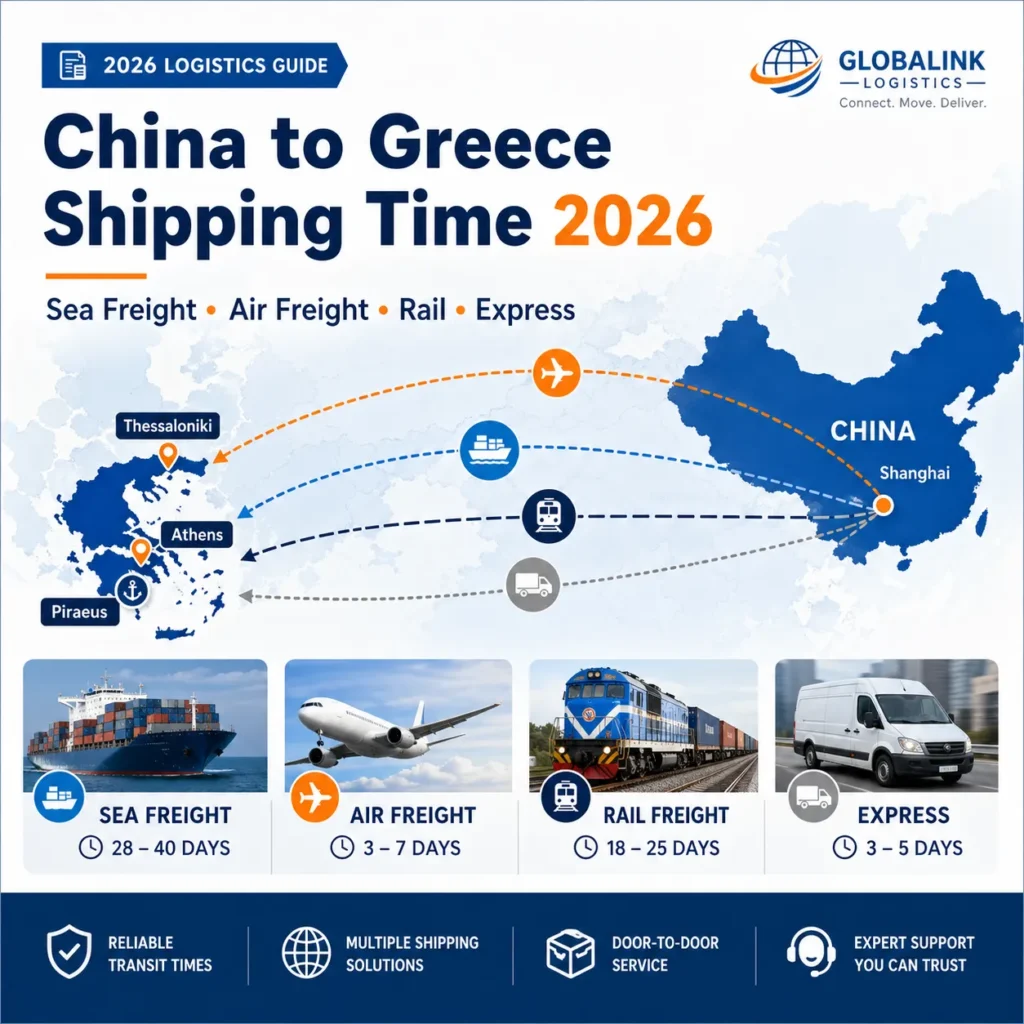 China to Greece shipping time in 2026 comparing sea freight air freight rail and express delivery