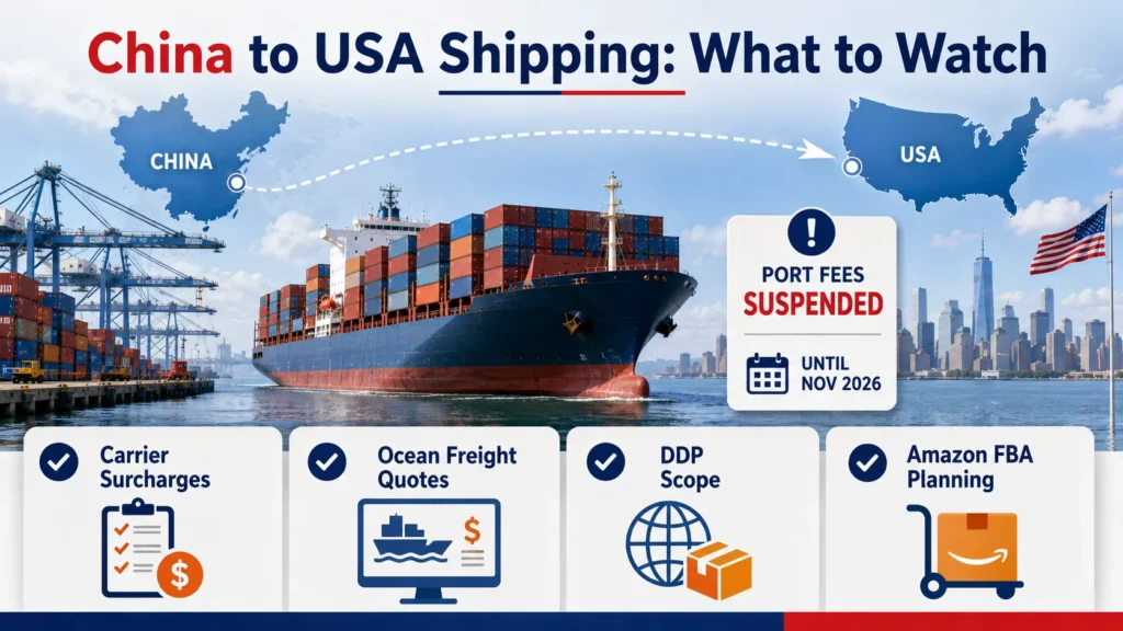 China to USA shipping infographic showing carrier surcharges, ocean freight quotes, DDP scope, Amazon FBA planning, and port fees suspended until November 2026