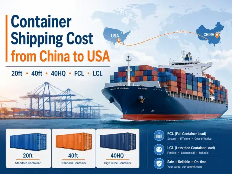 Container shipping cost from China to USA showing 20ft, 40ft and 40HQ containers, FCL and LCL sea freight routes between China and the United States