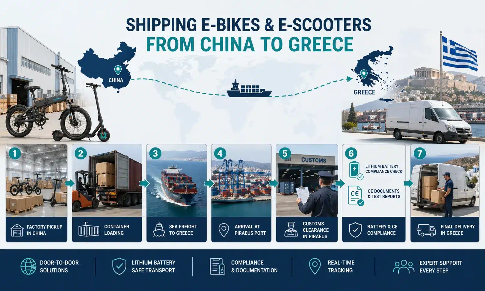 Shipping e-bikes and e-scooters from China to Greece with lithium battery documents, CE compliance, customs clearance, VAT planning and final delivery