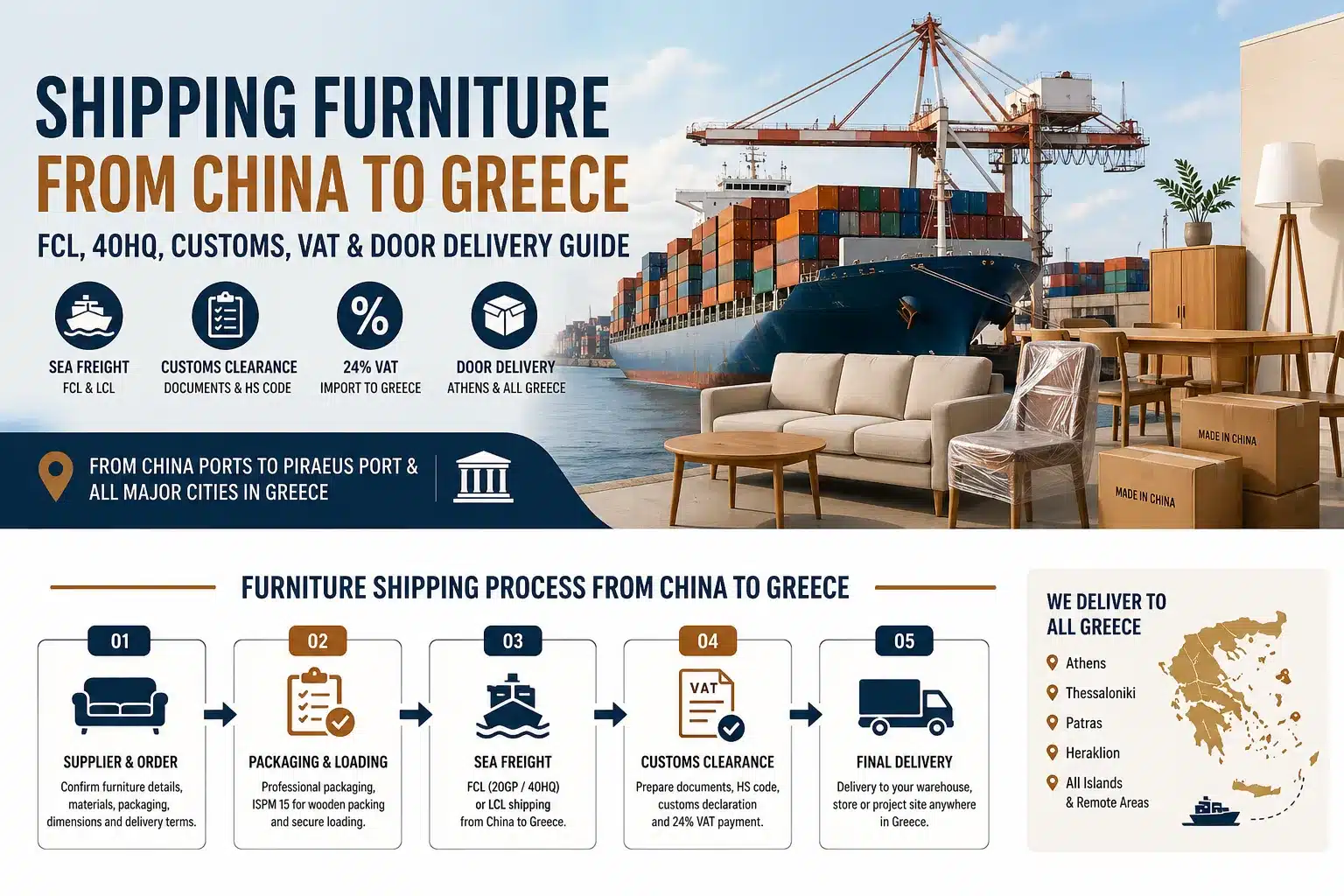 Furniture shipping process from China to Greece including supplier packaging sea freight customs clearance VAT and final delivery
