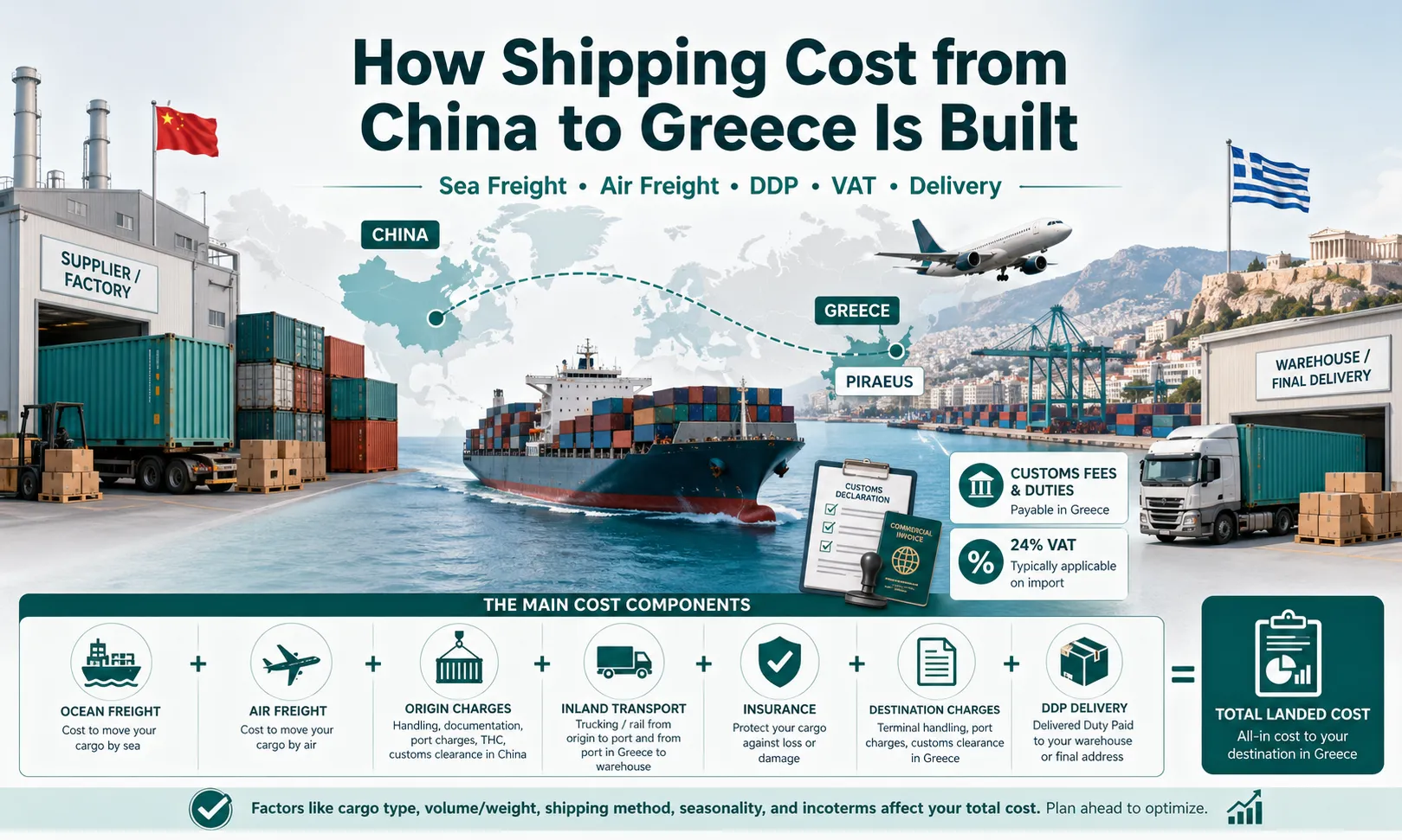 How shipping cost from China to Greece is built including sea freight air freight DDP VAT customs fees and delivery