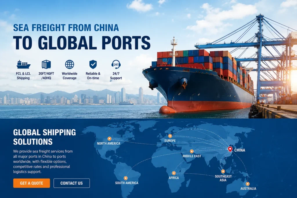 Sea freight from China to global ports in 2026 showing container ship, world shipping routes, FCL and LCL shipping, 20ft, 40ft and 40HQ container options