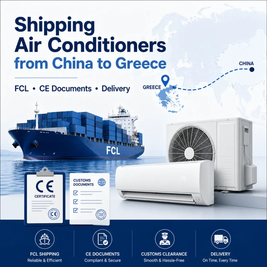 Shipping air conditioners from China to Greece with FCL sea freight CE documents customs clearance and delivery