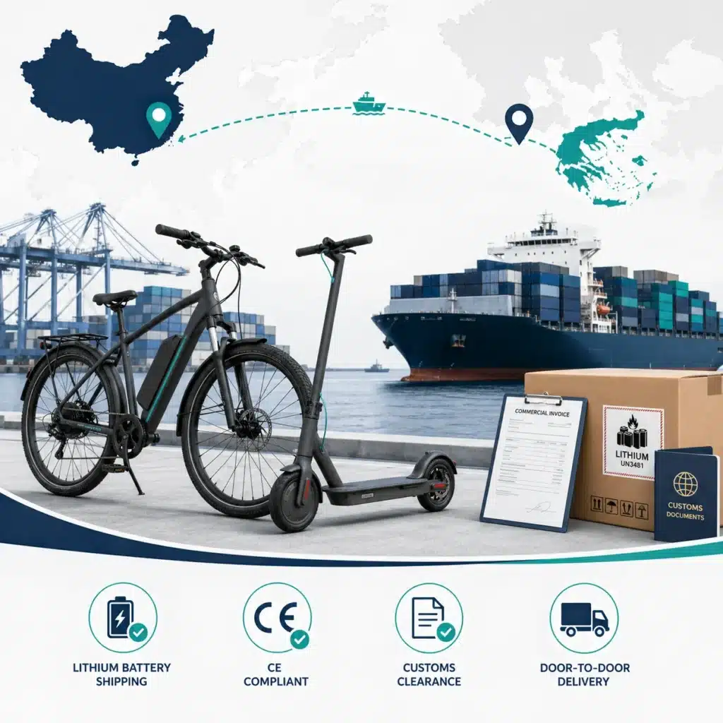 E-bike and e-scooter shipping from China to Greece with lithium battery shipping CE compliance customs documents and door to door delivery