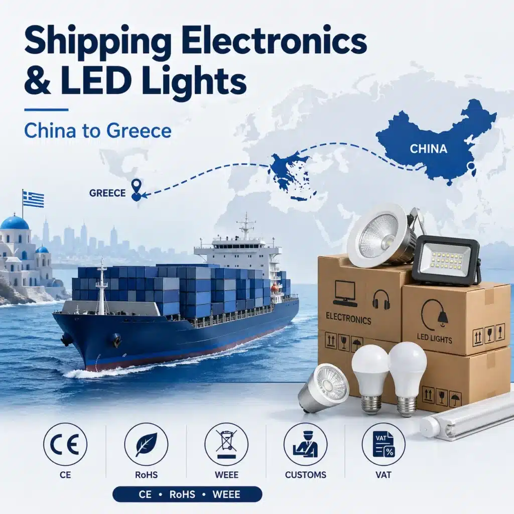 Shipping electronics and LED lights from China to Greece with sea freight CE RoHS WEEE customs clearance VAT and delivery