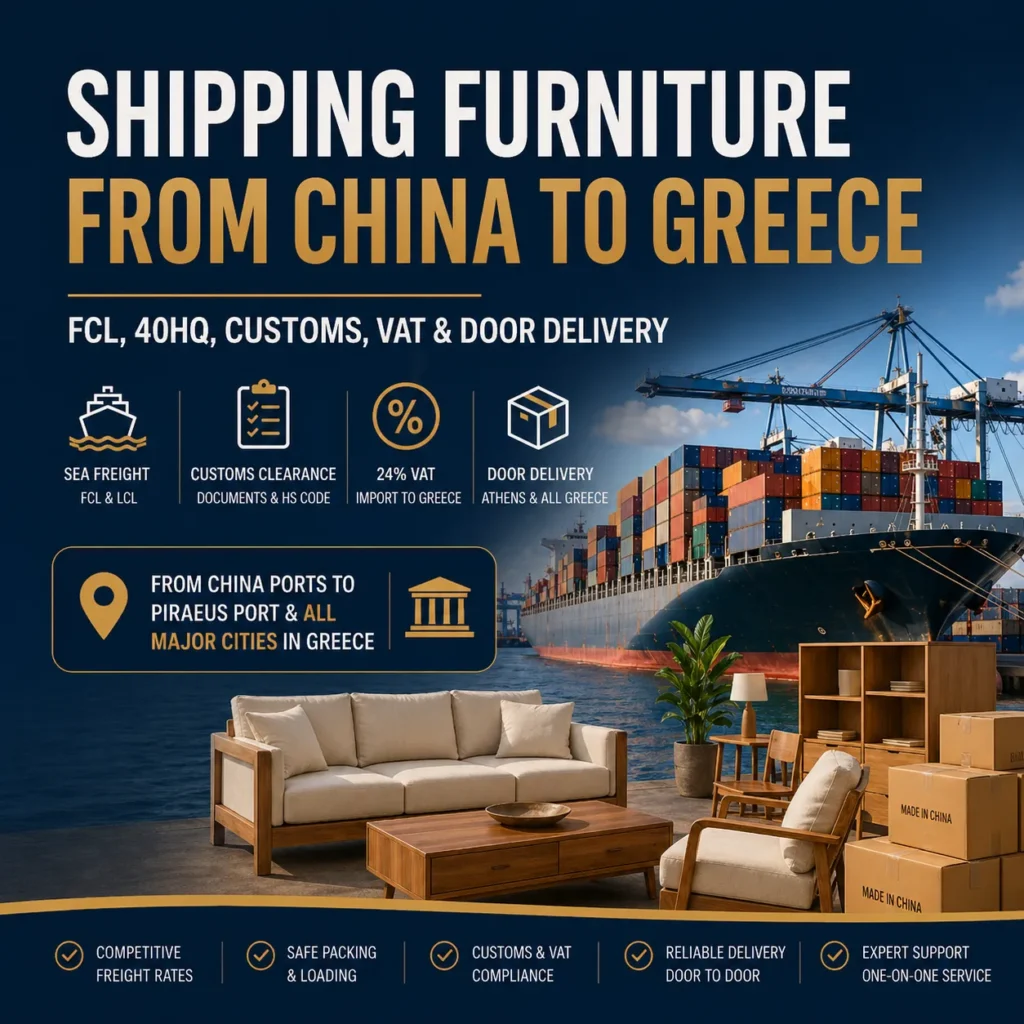 Shipping furniture from China to Greece with FCL 40HQ customs clearance 24 percent VAT and door delivery