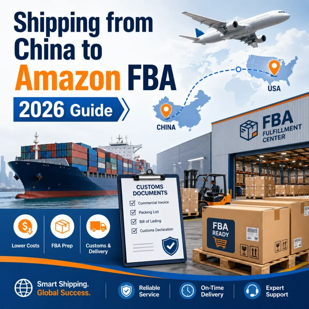 Shipping from China to Amazon FBA in 2026 showing air freight, sea freight, customs documents, FBA prep boxes and delivery route from China to USA Amazon fulfillment center