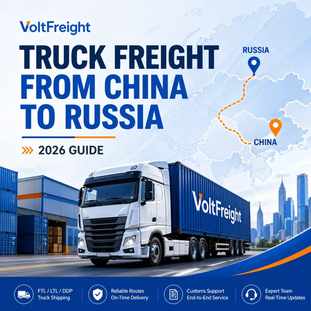 Truck freight from China to Russia in 2026 showing a container truck, China to Russia road route map, FTL, LTL, DDP, customs support and door-to-door delivery service