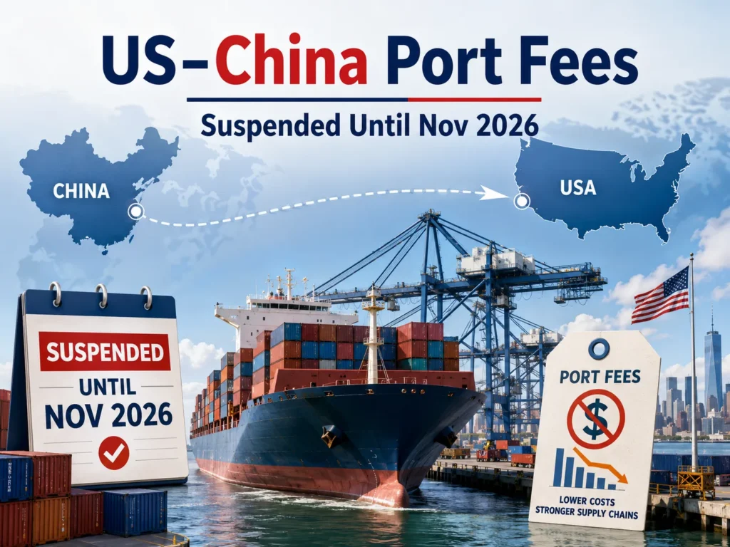 US-China port fees suspension infographic showing China to USA shipping route, container vessel, port cranes, and suspended port fee notice until November 2026