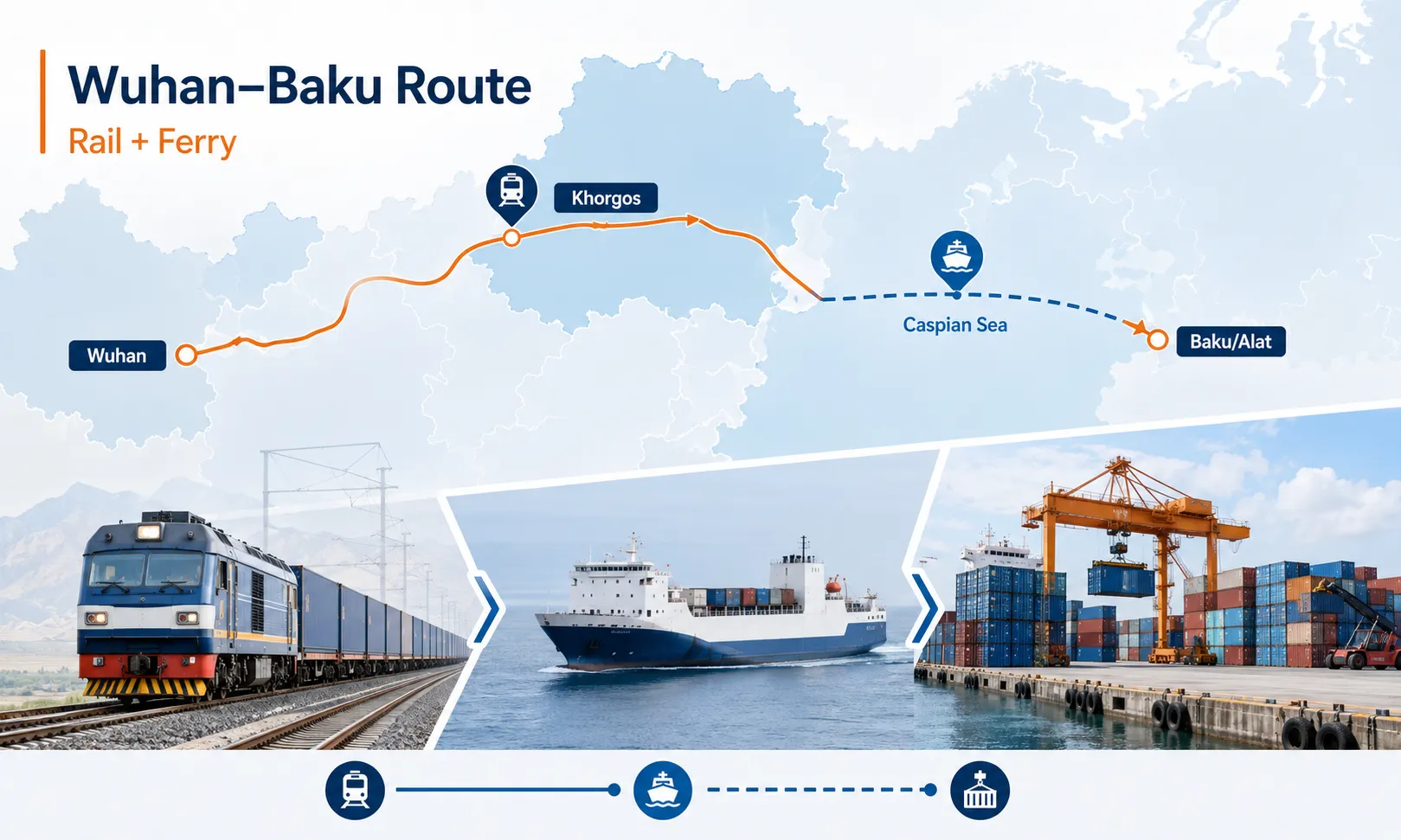 Wuhan–Baku Middle Corridor route showing rail transport to Khorgos, the Caspian Sea ferry crossing and Baku Alat Port