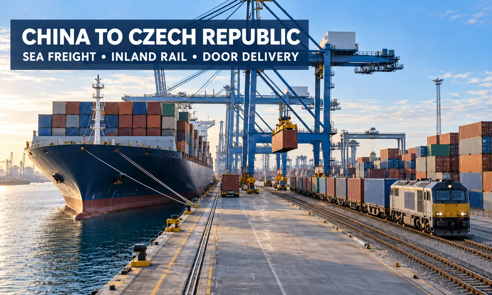 Container ship and inland rail freight from China to the Czech Republic via a European port