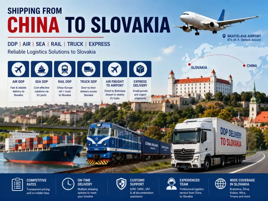 Shipping from China to Slovakia with Air DDP, Sea DDP, Rail DDP, Truck DDP, air freight to Bratislava Airport and door-to-door delivery