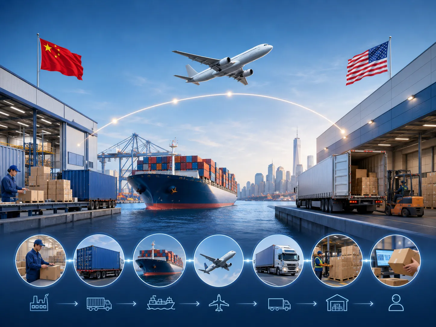 China to USA door-to-door freight process showing supplier pickup, warehouse consolidation, sea freight, air freight, trucking, US customs clearance, final delivery and Amazon FBA or warehouse delivery planning.