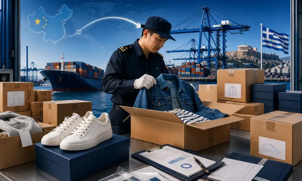Customs inspection for clothing and shoes shipping from China to Greece with garment cartons, shoe boxes, labels, commercial documents and Piraeus port logistics
