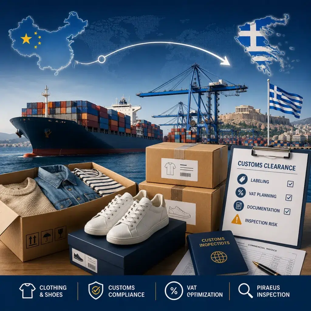 Customs from China to Greece for clothing and shoes with cargo ship, port containers, product labels, VAT documents and fashion logistics planning