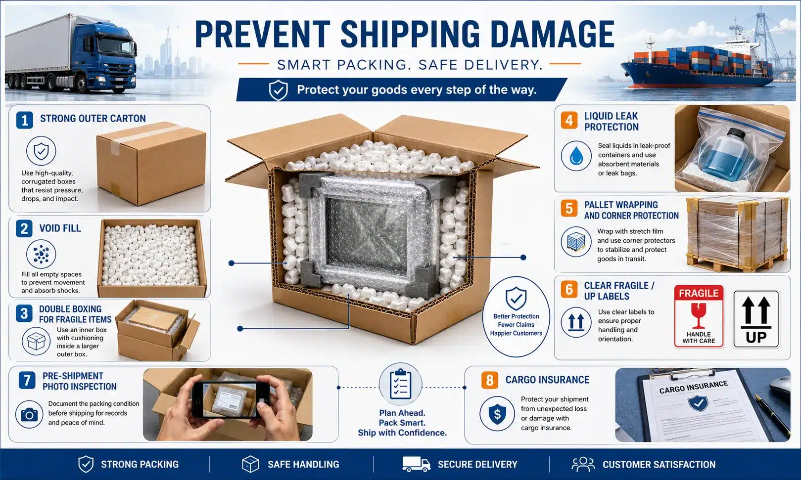 Shipping damage prevention checklist showing strong outer cartons, void fill, double boxing, liquid leak protection, pallet wrapping, fragile labels, pre-shipment photos and cargo insurance