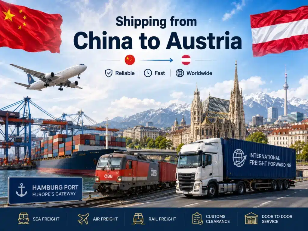 Shipping from China to Austria with air freight to Vienna Airport, sea freight via European ports, rail freight, truck delivery, DDP service and customs clearance