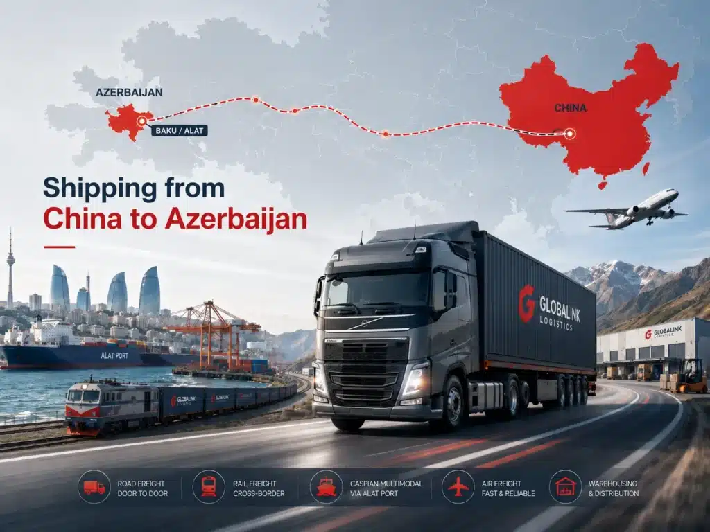 Shipping from China to Azerbaijan with truck freight, TIR road freight, rail freight, Caspian multimodal route via Baku and Alat, and air freight logistics map