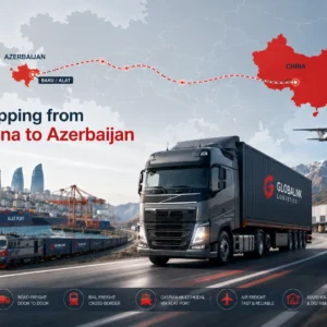 Shipping from China to Azerbaijan with truck freight, TIR road freight, rail freight, Caspian multimodal route via Baku and Alat, and air freight logistics map