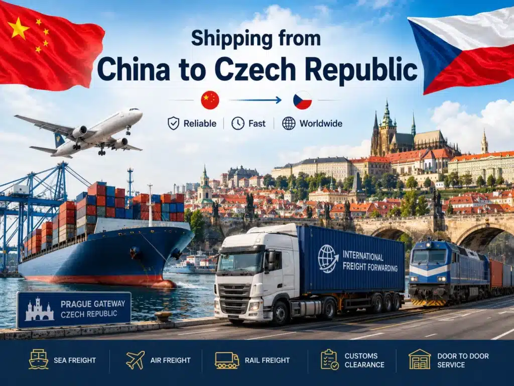 Shipping from China to Czech Republic with air freight to Prague, sea freight via European ports, rail freight, truck delivery, DDP shipping and customs clearance
