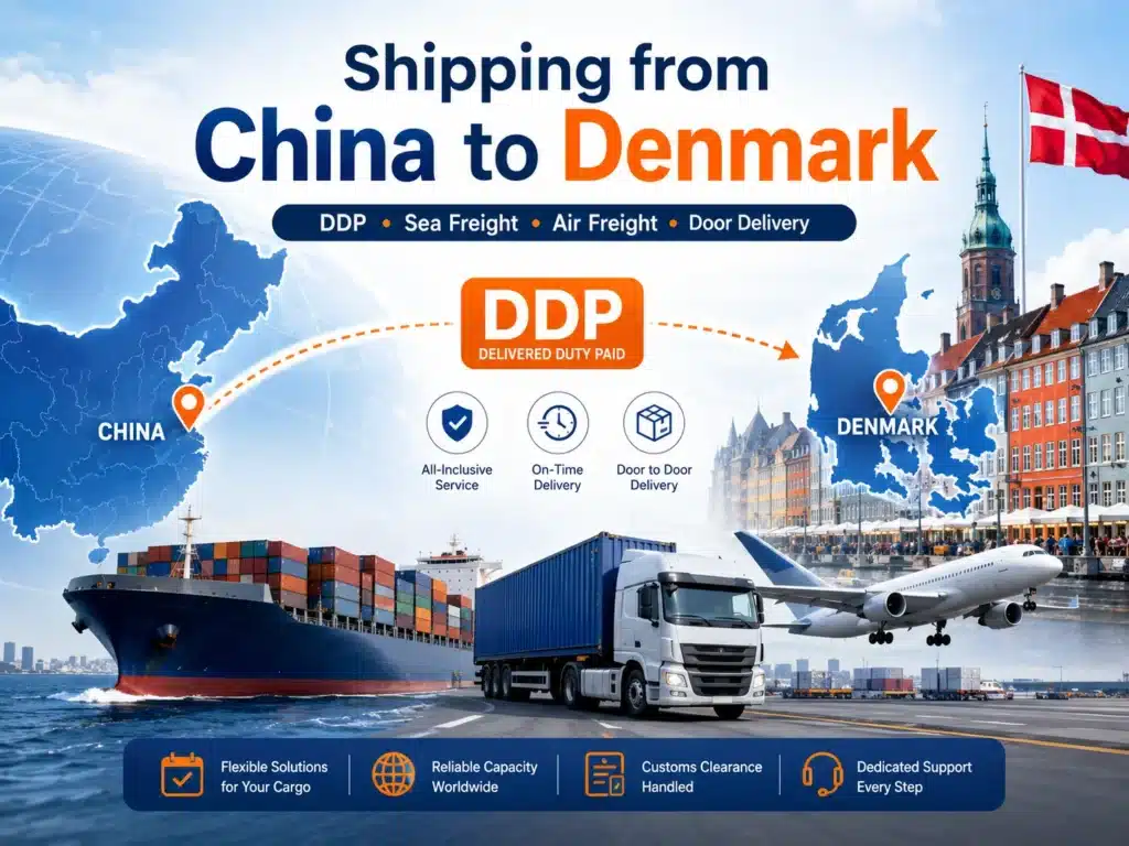 Shipping from China to Denmark with DDP, sea freight, air freight and door delivery, showing China and Denmark maps, cargo ship, airplane and truck logistics routes.