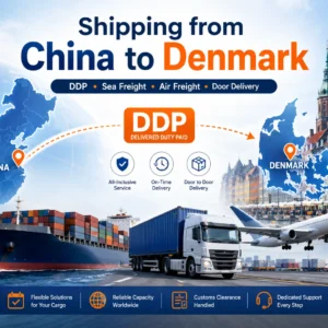 Shipping from China to Denmark with DDP, sea freight, air freight and door delivery, showing China and Denmark maps, cargo ship, airplane and truck logistics routes.