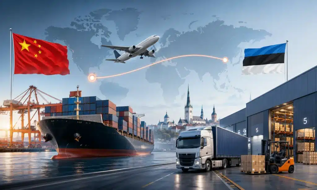 Shipping from China to Estonia by sea freight, air freight, DDP and door-to-door delivery, showing China to Estonia logistics route with cargo ship, airplane, truck, warehouse and Estonia final delivery.
