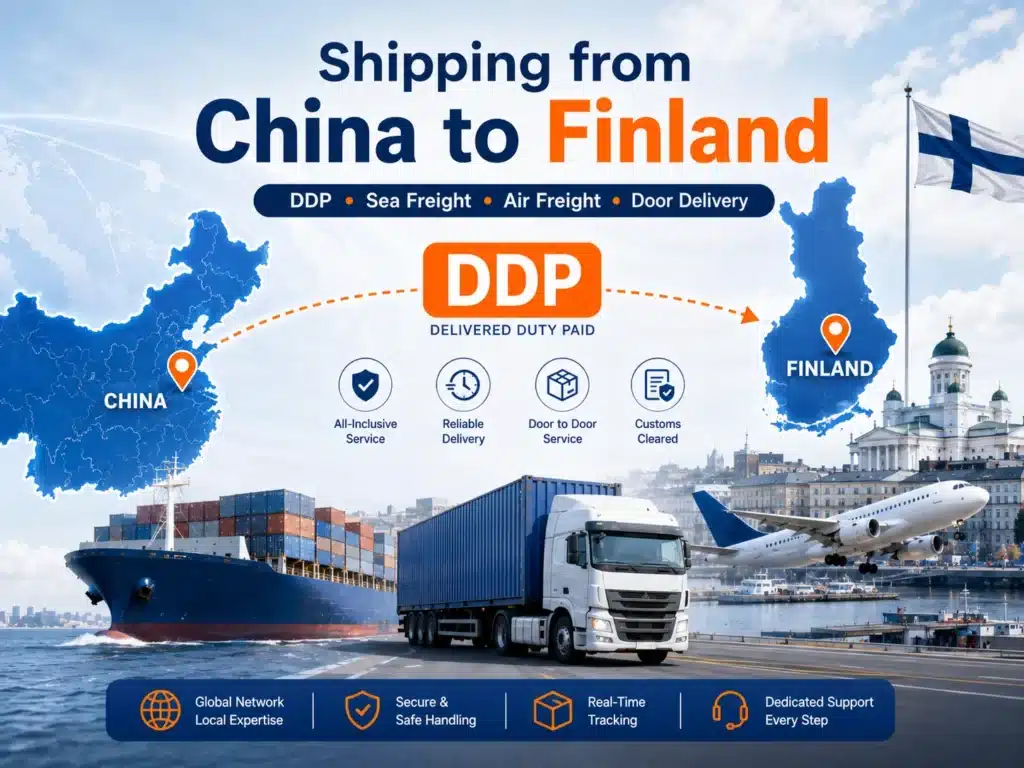 Shipping from China to Finland with DDP, sea freight, air freight and door delivery, showing China and Finland maps, cargo ship, airplane and truck logistics routes.