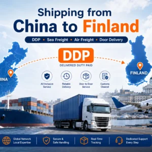 Shipping from China to Finland with DDP, sea freight, air freight and door delivery, showing China and Finland maps, cargo ship, airplane and truck logistics routes.