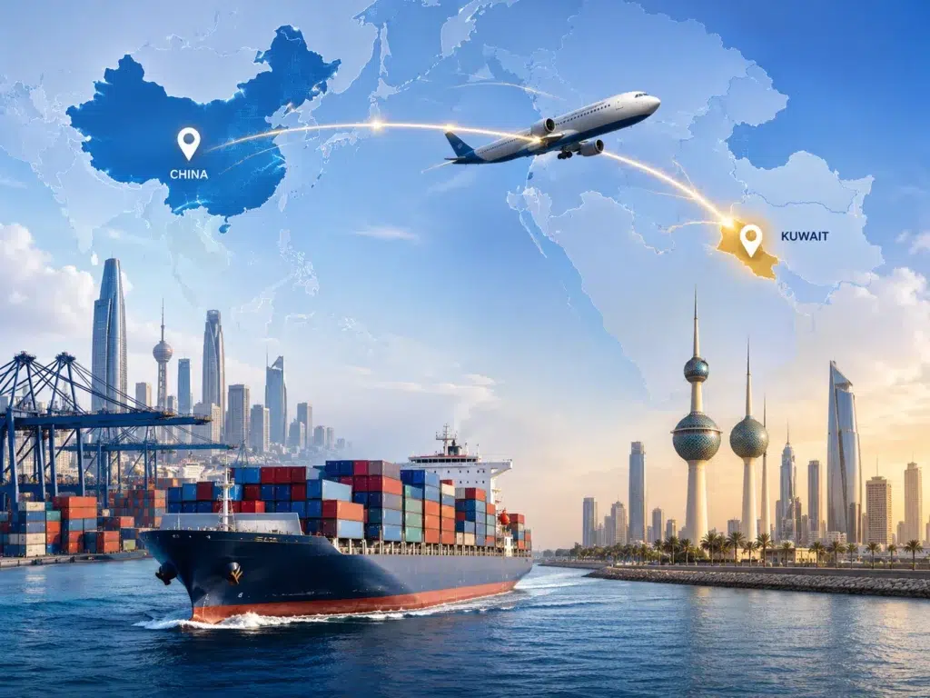 China to Kuwait shipping route with cargo ship, airplane, route markers, Kuwait city skyline and port logistics for freight forwarding and door-to-door delivery.