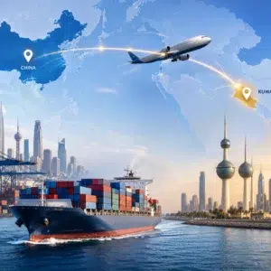 China to Kuwait shipping route with cargo ship, airplane, route markers, Kuwait city skyline and port logistics for freight forwarding and door-to-door delivery.