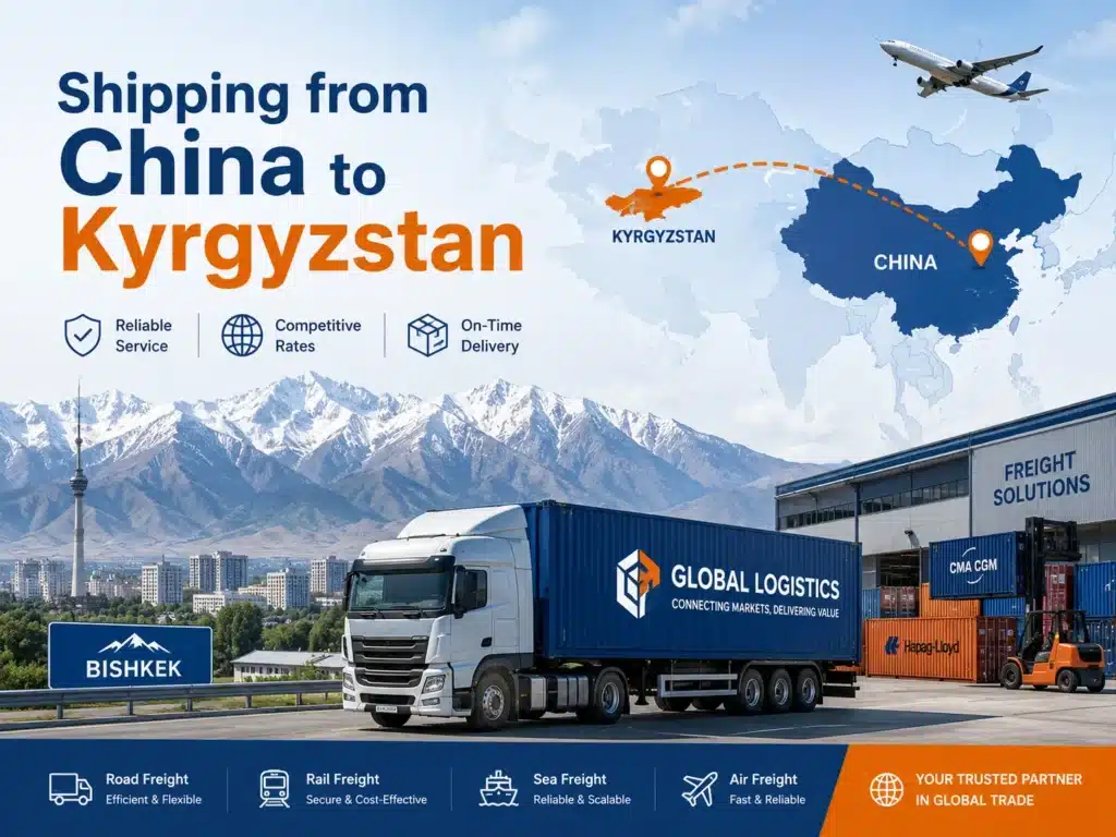 Shipping from China to Kyrgyzstan with truck freight, DDP service, Bishkek pickup, air freight and logistics route map from China to Kyrgyzstan