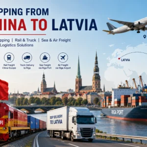 China to Latvia logistics route showing DDP shipping, rail freight, truck delivery, sea freight and air freight to Riga and Latvia