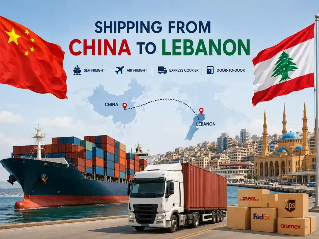 Professional freight forwarding from China to Lebanon by sea freight, air freight, express courier and door-to-door delivery, featuring cargo ship, truck, route map, China flag and Lebanon flag.
